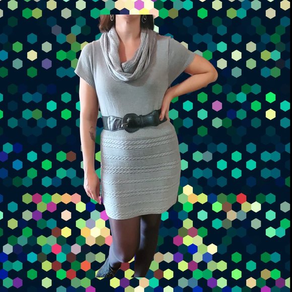 Cato Sweater Dress - Grey Cable Knit - Cowl Neck - Mini Skirt - Wide Belt - Picture 8 of 9
